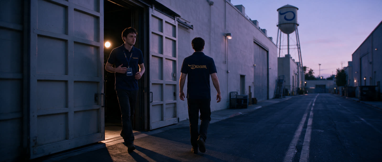 Shot 6: he walks away down the backlot at dusk